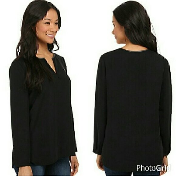 NIC+ZOE Tops - NIC+ZOE NIC ZOE Trimmed Tone Blouse Black Vegan Leather Trim V-Neck Long Sleeve